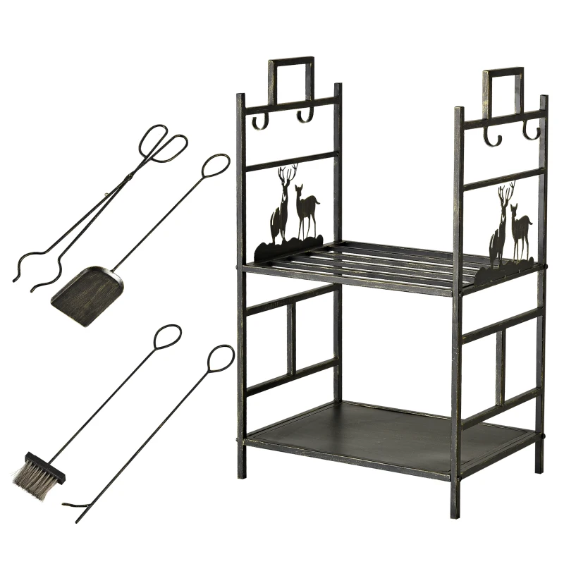 Outsunny Suporte para Lenha de Ferro Forjado de 2 Níveis com 4 Ferramentas para Interior e Exterior 51,5x33x77 cm Preto e Dourado
