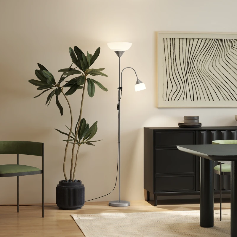 HOMCOM Moderne Stehlampe 2 Köpfe Verstellbares Leselicht, Standleuchte, Doppelköpfes Design mit Stahlfuß,Silber, Weiß, 28 x 28 x 179,5 cm