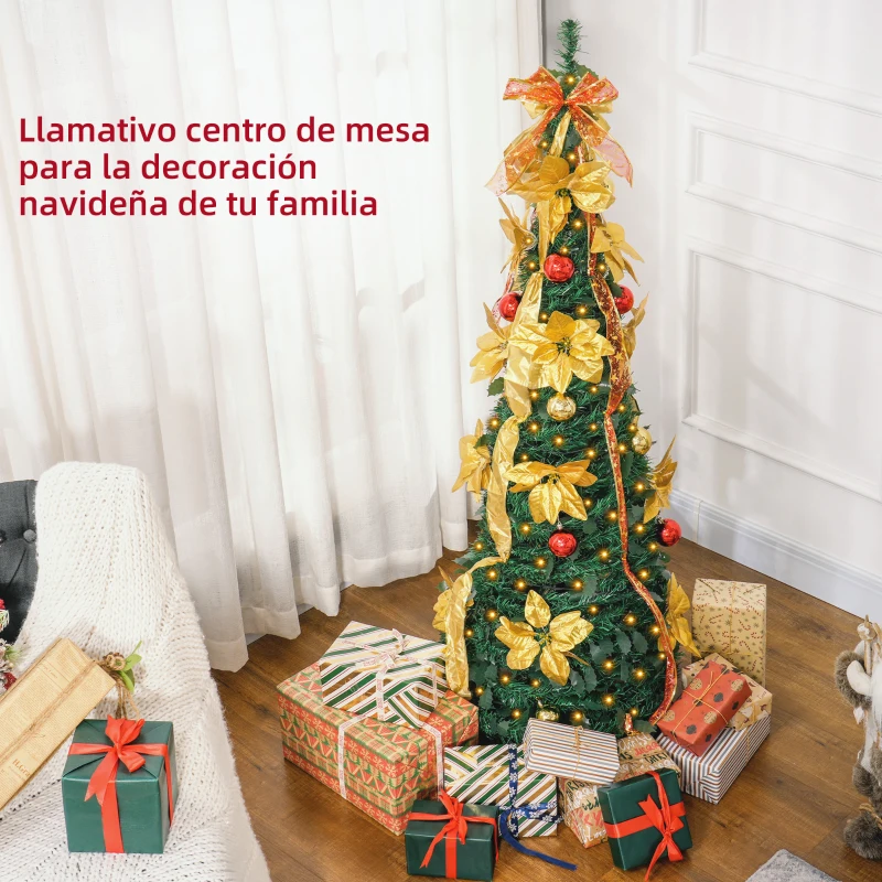 HOMCOM Árbol de Navidad Plegable con Luces LED en Blanco Cálido y Adornos Pre-instalados para Interior Ø50x150 cm Verde