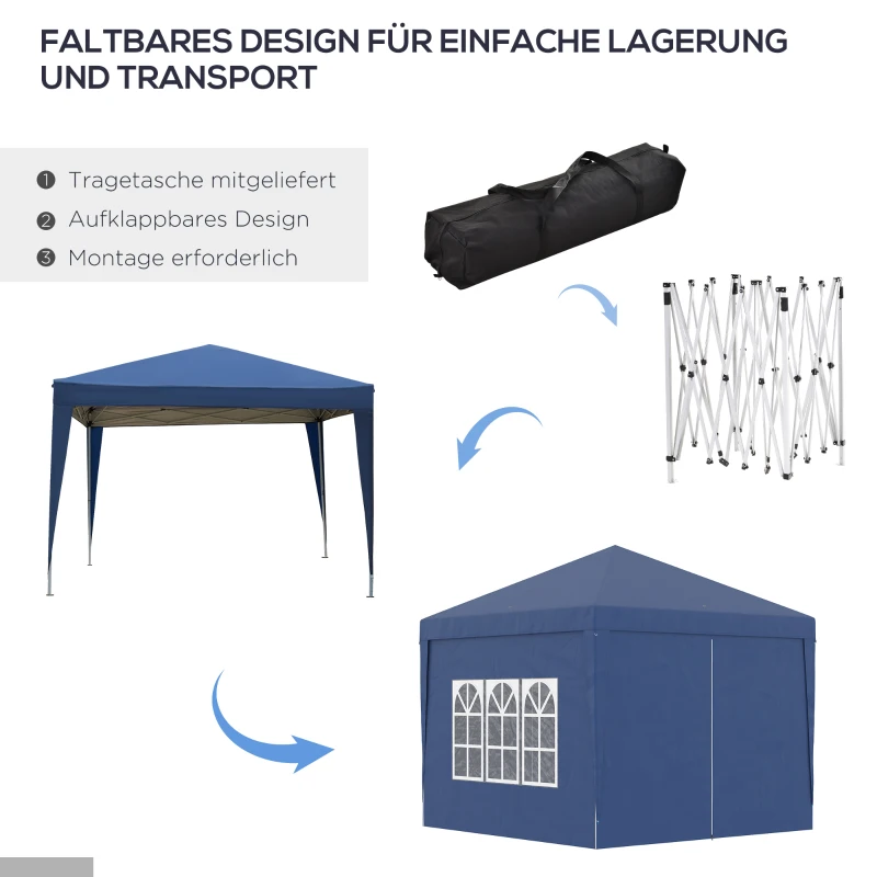 Outsunny Paviljoen, Partytent, 4 afneembare zijwanden, 2 ramen, metalen frame, 2,95 x 2,95 m, Blauw