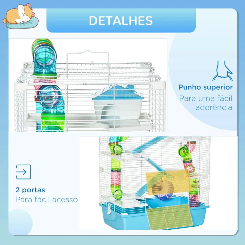 PawHut Gaiola para Hámster Grande 59x36x69cm Gaiola para Roedores com 4 Plataformas Tubos Comedouro Bebedouro 4 Rampas Roda de Exercícios e 2 Alças Portáteis Multicor