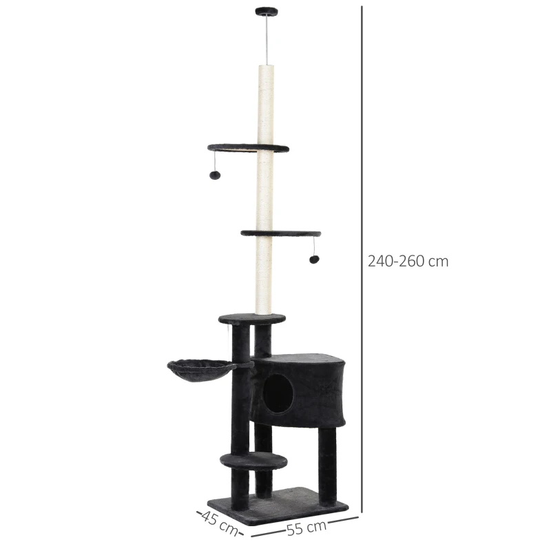 PawHut Arbre à chat poteau à griffer hauteur réglable dim. 55L x 45l x 240-260H cm 7 niveaux d'activités variées gris foncé