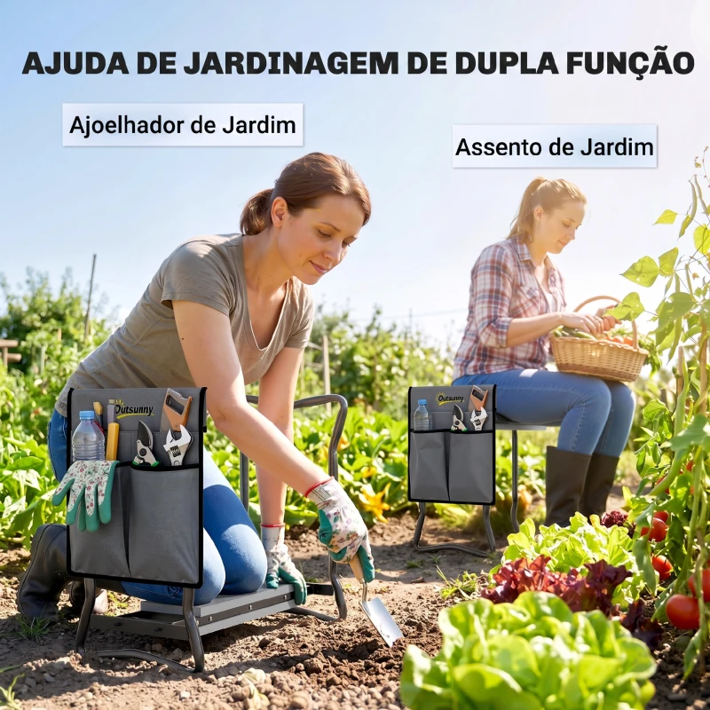 Outsunny Banco de Jardim Dobrável com Almofada de Espuma EVA Saco para Ferramentas 58x28x49 cm Cinzento