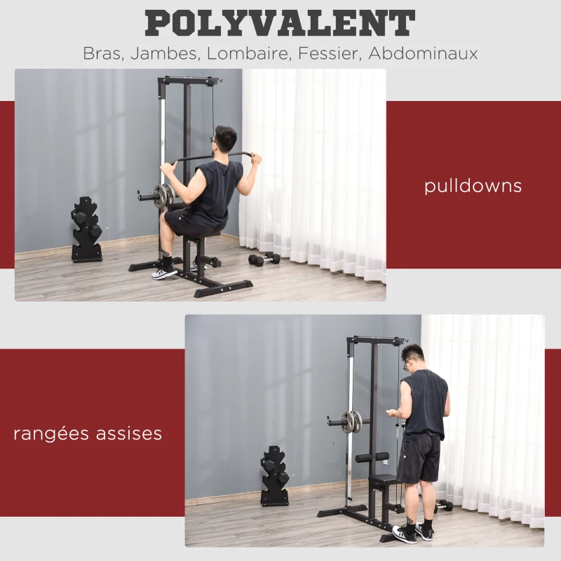 HOMCOM Station de musculation pour tirage poitrine - lat pulldown machine - banc de musculation dim. 107L x 120I x 190H cm acier noir