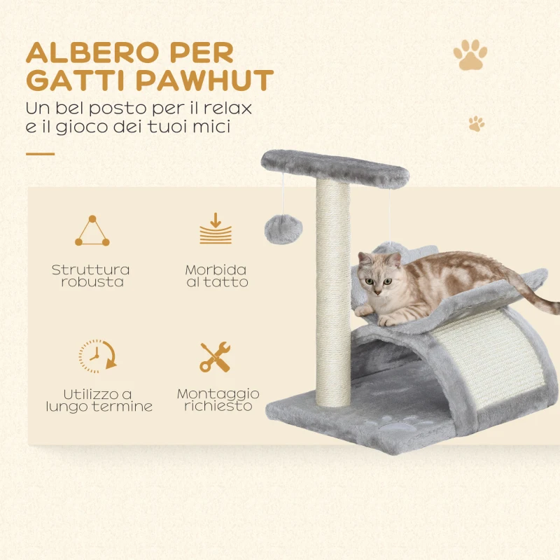 PawHut Albero Tiragraffi per Gatti in Peluche con Palo in Sisal, Cuccia e 2 Palline, 40x30x43cm, Grigio