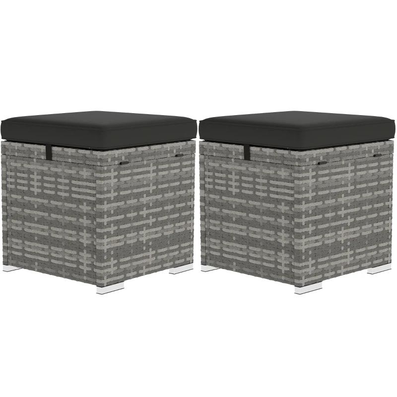 Outsunny 2-delige Set Rotan Krukken Zitkrukken met Rotanlook Opbergruimte Kussens Deksel 120 kg Belastbaar 40x40x41cm Donkergrijs