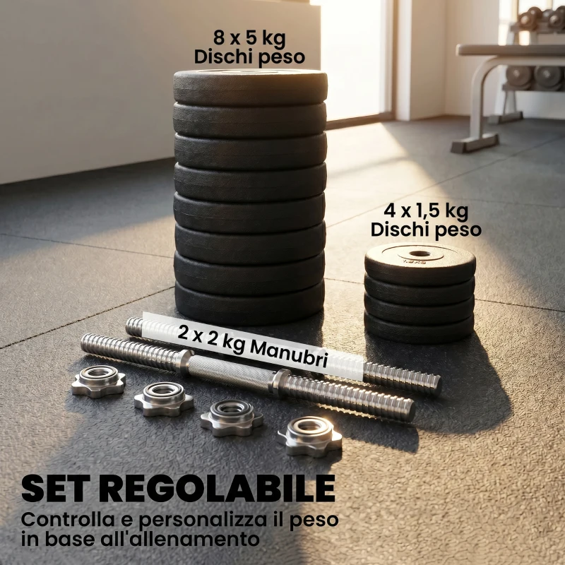 HOMCOM Set 12 Manubri Palestra da 50kg (8x5kg, 4x1.5kg), in Acciaio e Plastica PE, Nero