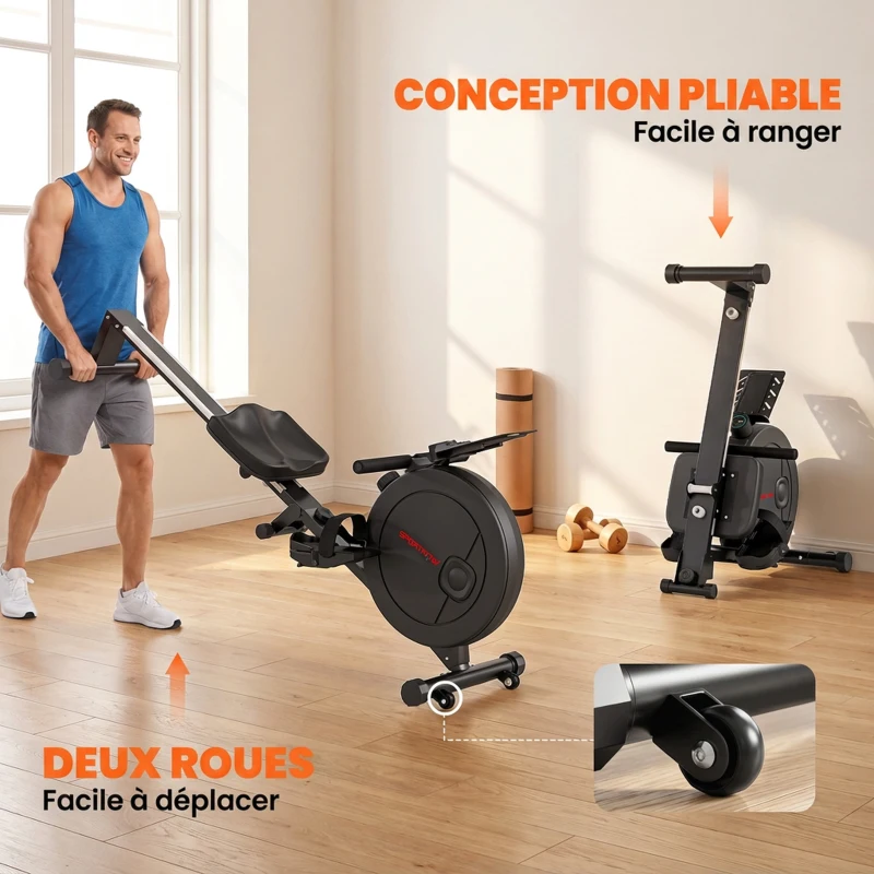 SPORTNOW Rameur Musculation d'Appartement Pliable 16 Niveaux, App, Écran LCD, Support de Tablette, 180x50x75cm, Noir