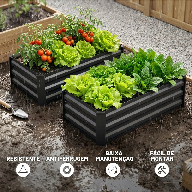 Outsunny Conjunto de 2 Caixas de Plantio de Exterior em Aço Caixas de Cultivo Retangulares para Jardim 100x60x30 cm Cinza Escuro