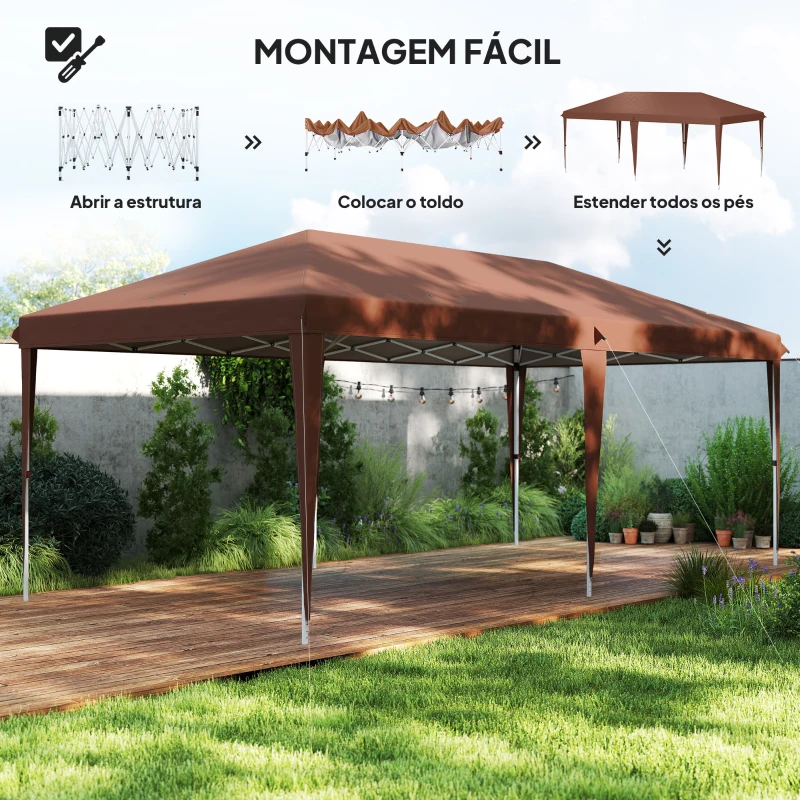Outsunny Tenda Dobrável 6x3 m com Altura Ajustável em 3 Níveis Bolsa de Transporte Anti-UV e Estrutura de Aço Castanho