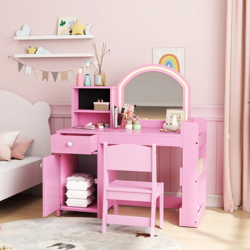 AIYAPLAY Kids Vanity Table and Chair Set, Girls Dressing Table with 2-Colour LED Mirror, Stool, Cabinet, Drawer, Shelves, Pink
