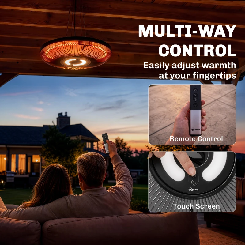 Outsunny Hanging Electric Patio Heater with LED Light, 1000/2000 W IP65 Outdoor Infrared Heater with Touch/Remote Control, Black