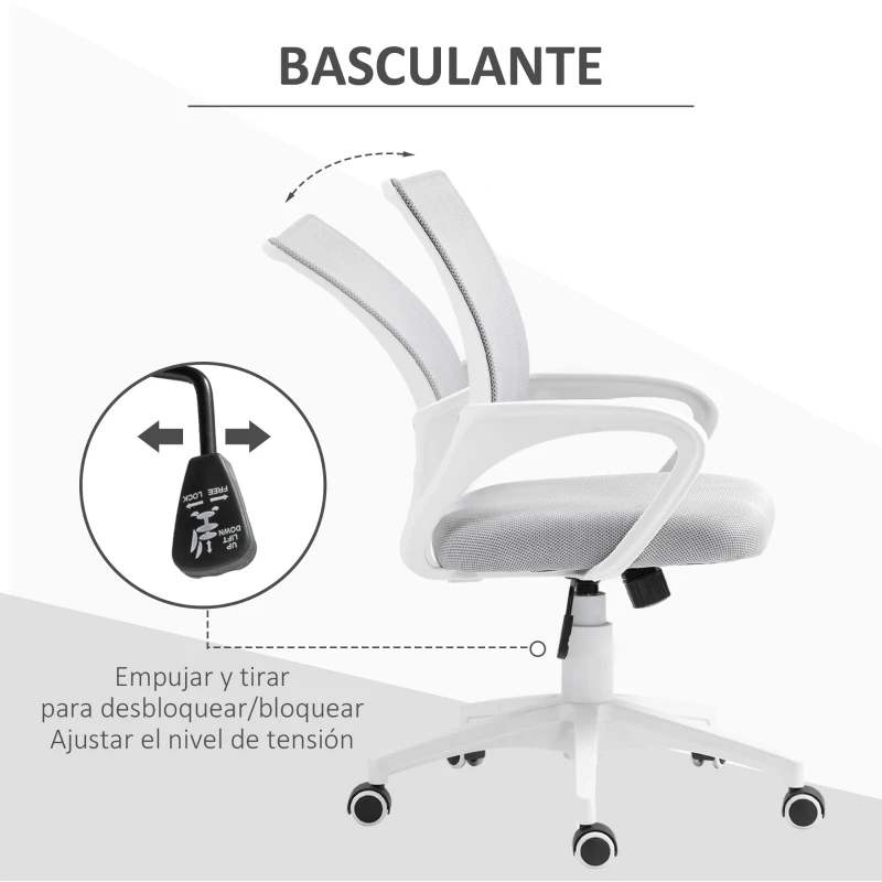 HOMCOM Silla de Escritorio de Malla Giratoria con Altura Ajustable Función de Basculante y Reposabrazos Carga 120 kg Gris