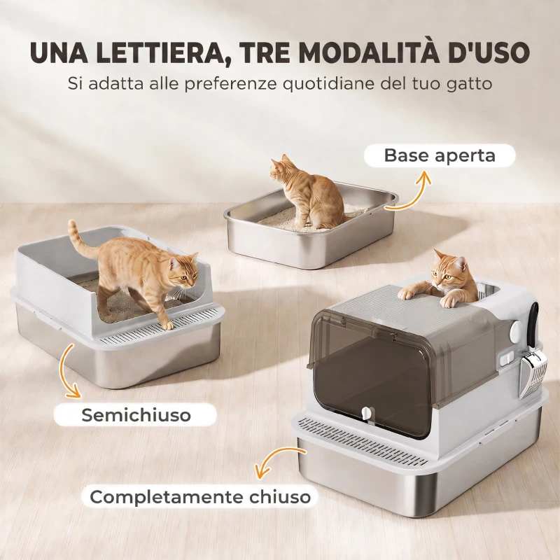 PawHut Lettiera per Gatti Chiusa XXL in Acciaio Inox, Coperchio Apribile a 90° e Doppie Porte, 70x50x46.5 cm, Grigio