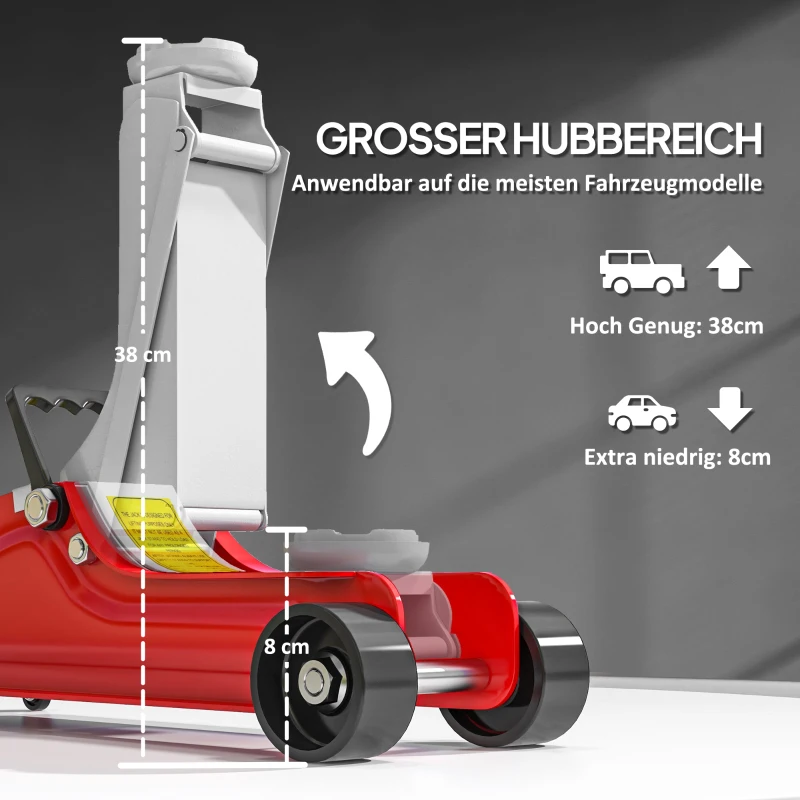 HOMCOM krik, 8-38 cm hoogte, 2,5 ton draagvermogen, staal, verrijdbaar, rood