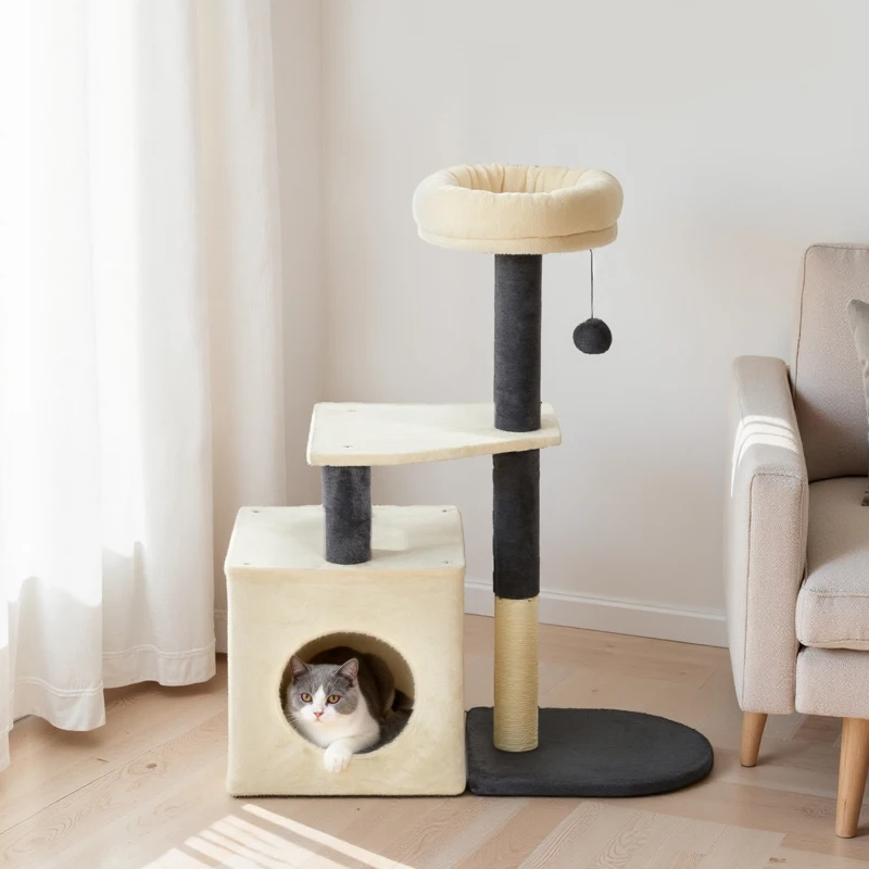 PawHut Albero Tiragraffi per Gatti Alto 92 cm con Casetta, Lettino, Pali in Sisal e Pallina, Bianco Crema