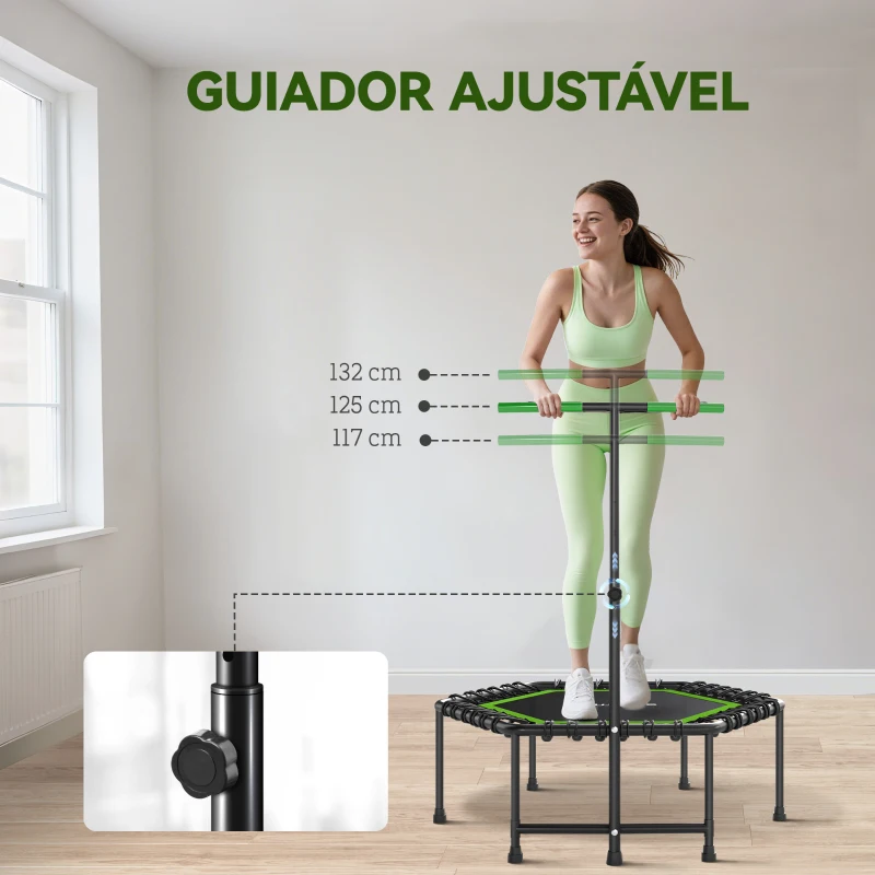 SPORTNOW Trampolim Fitness 114x114x132 cm com Guiador Ajustável em 3 Níveis Estrutura de Aço para Treino de Perna Corpo Verde