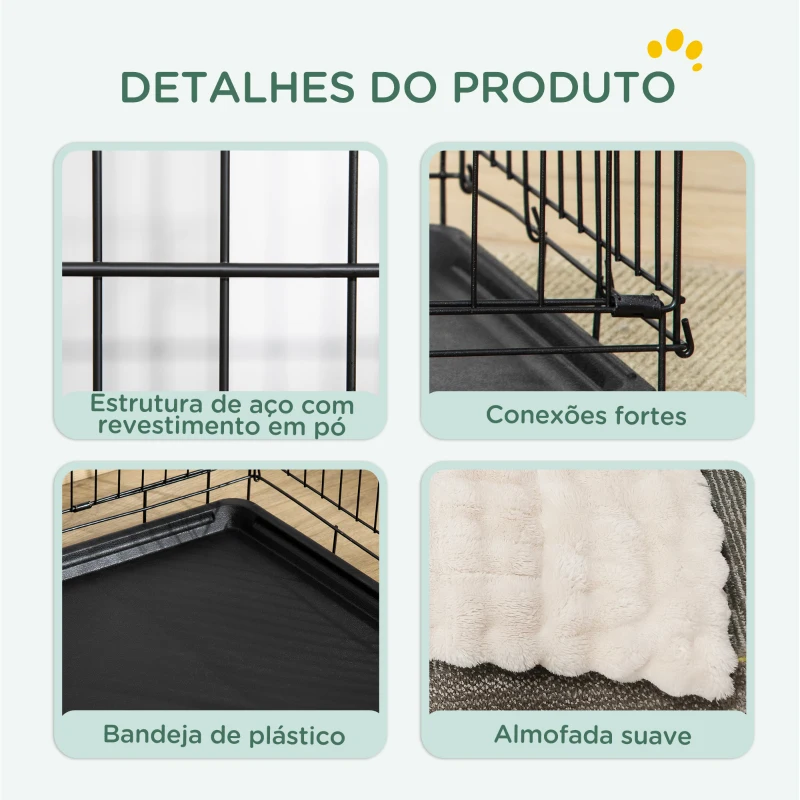 PawHut Gaiola Dobrável para Cães Pequenos com Almofada Portas Bandeja Removível e Estrutura Metálica 75x48,5x53 cm Preto e Bege