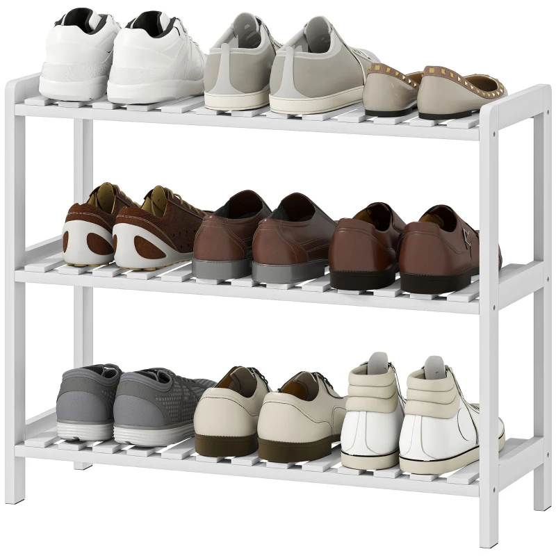 HOMCOM Étagère à chaussures, porte-chaussures 3 niveaux, étagères à lattes, en bois de pin， 70 x 26 x 57,5 cm, blanc