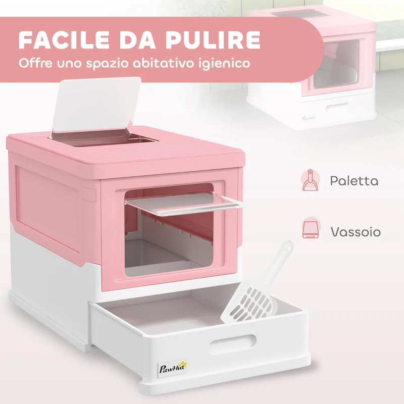 PawHut Lettiera per Gatti Chiusa in PP a 2 Porte con Paletta e Vassoio Estraibile, 47.5x35.5x36.7 cm, Rosa e Bianco