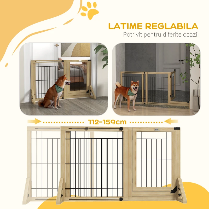 PawHut Poartă pentru Câini Extensibilă cu Ușă și 2 Panouri, Baze Triunghiulare, 112-159x70 cm, Lemn Natural