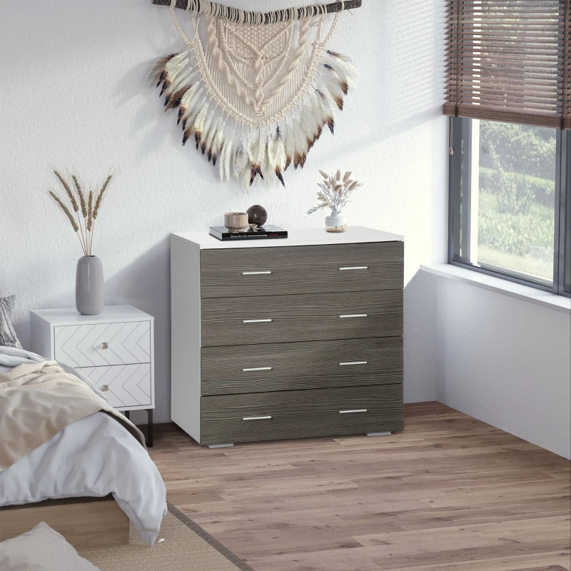 HOMCOM Cómoda com 4 Gavetas Moderna para Dormitório Corredor Sala de Estar 76x35x72 cm Cinzento e Branco