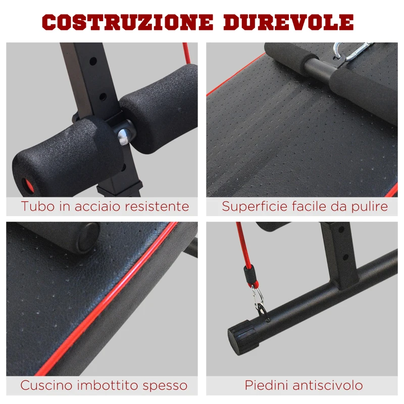 HOMCOM Panca Multifunzione con Vogatore a Molla e Schienale Regolabile e 2 Corde Elastiche, 55.5x137.5 cm Nero