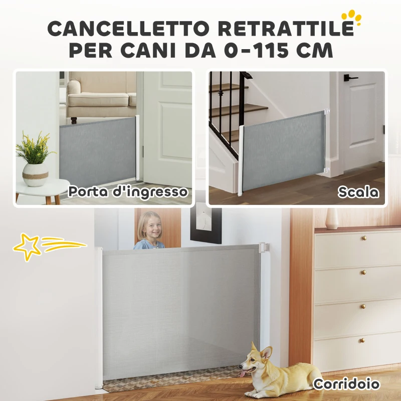 PawHut Cancellino per Cani Estensibile fino a 115 cm, in Poliestere e Acciaio, 115x82.5 cm, Bianco e Grigio
