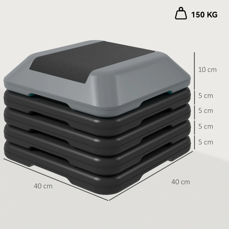 SPORTNOW Step para Fitness Stepper Antiderrapante com Altura Ajustável de 10/15/20/25/30 cm Suporta até 150 kg Cinzento