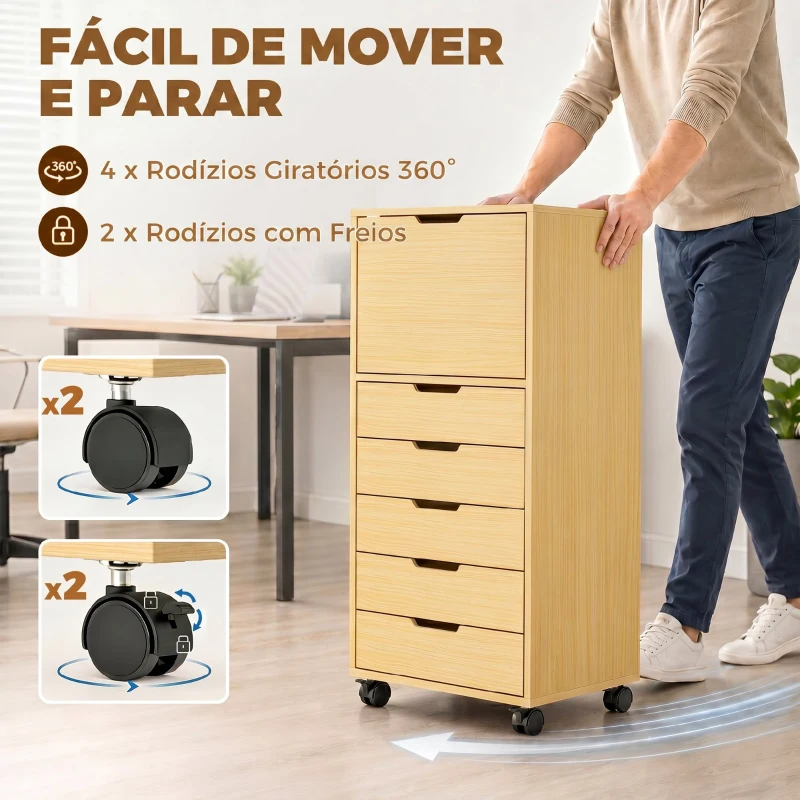 HOMCOM Gaveteira de Escritório com 5 Gavetas, Armário com Fecho Suave, Rodas e Suporte para Impressora, Madeira Natural