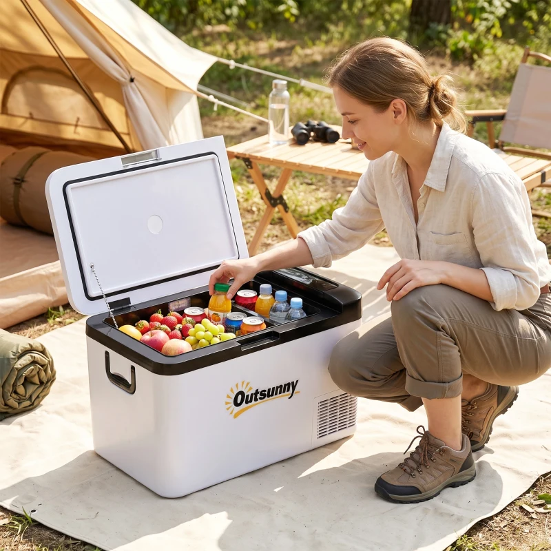 Outsunny Geleira Elétrica de Compressor 25L Portátil até -20℃ com Luz LED e Alças Dobráveis Geleira de Carro 12V/24V e 240V para Casa Campismo Viagem 58,5x33,5x35,2cm Branco
