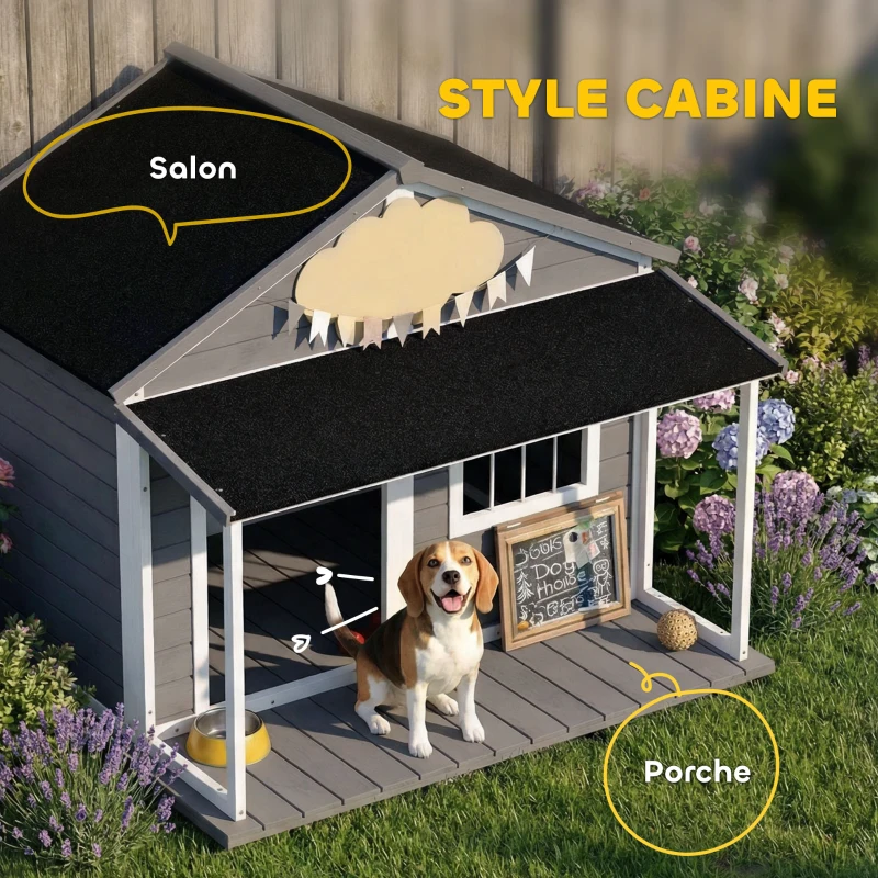PawHut Niche pour Chien Extérieur avec Terrasse et Toit Bitumé Bois 124 x 112 x 105 cm Gris