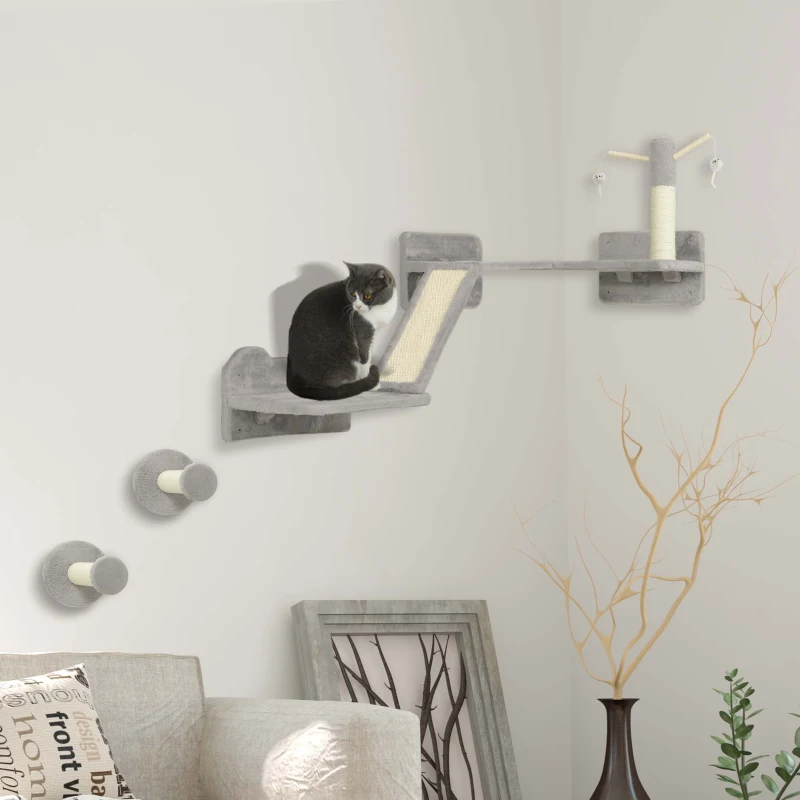 PawHut 3-Piece Cat Wall Furniture with Scratching Posts, Scratching Pads, Perches, Cat Wands, Toy Balls, Light Grey