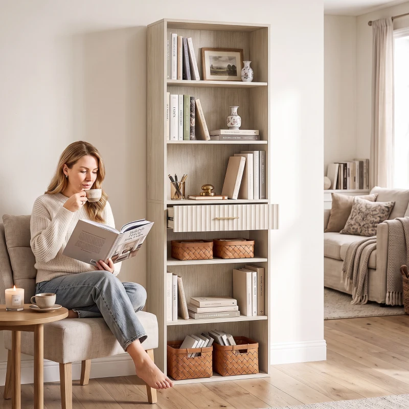 HOMCOM Bookcase Narrow Tall Space-Saving Bookshelf Drawer Open Shelves 60 x 24 x 182 cm Oak Wood Effect
