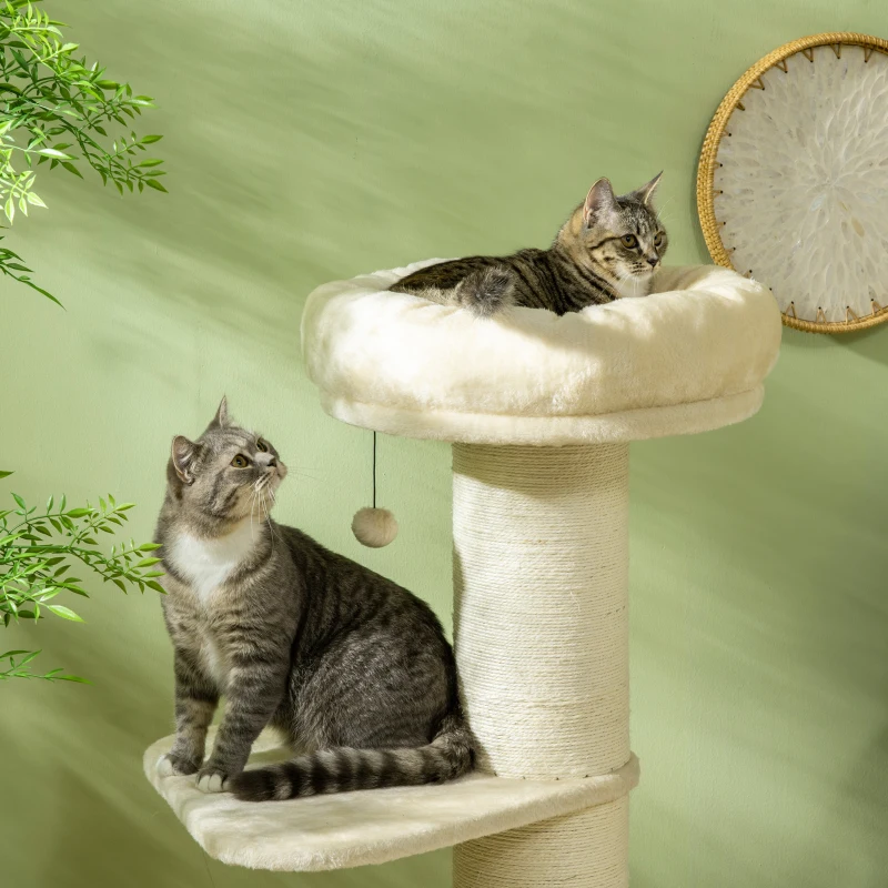 PawHut Arbre à chat griffoir sisal naturel 2 plateforme panier observation jeu boule suspendue peluche beige