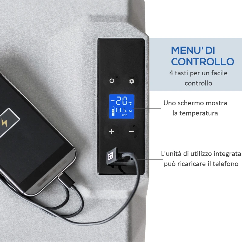 HOMCOM Frigo per Auto da 50L con Pannello Touch, Maniglia e 2 Ruote, in Alluminio e Plastica, 58.6x37.8x54.5 cm, Grigio