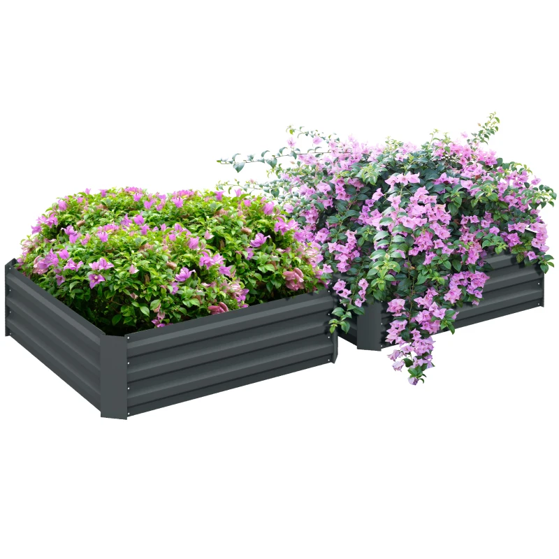 Outsunny 2-delige Set Plantenbak, Bloemenbak, Bloempot voor Tuin, Terras, van Verzinkt Staal, 100 x 100 x 30 cm, Donkergrijs