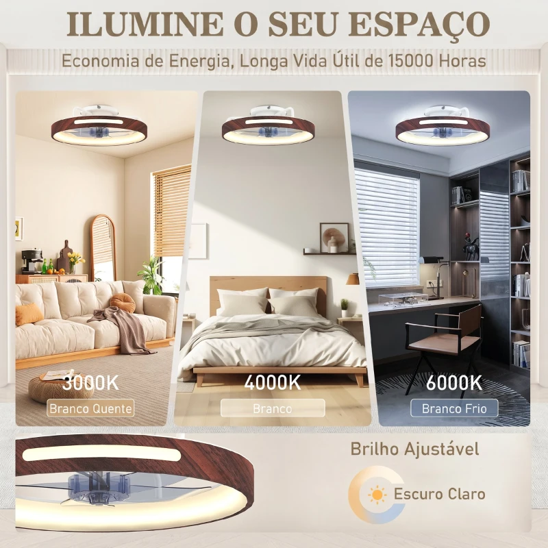 HOMCOM Ventilador de Teto com Luz LED 40 W Motor DC Reversível Comando à Distância 6 Velocidades 3 Cores Temporizador Teca