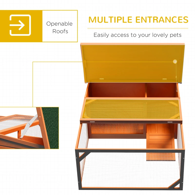 PawHut Rabbit Hutch Outdoor Guinea Pig Hutch with Run Small Animal Off-ground Duck House Hideaway Garden with Openable Roof 125.5 x 100 x 49cm Orange