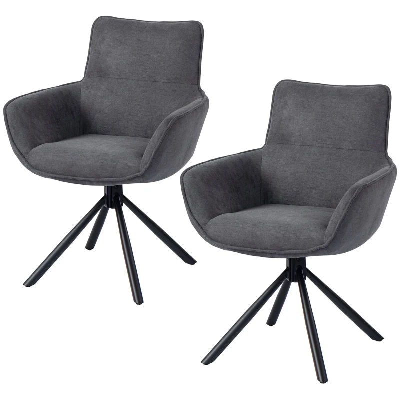 HOMCOM Set van 2 Eetkamerstoelen, Draaibaar, Zacht Gepolsterd, Armleuningen, Metalen Poten, Donkergrijs