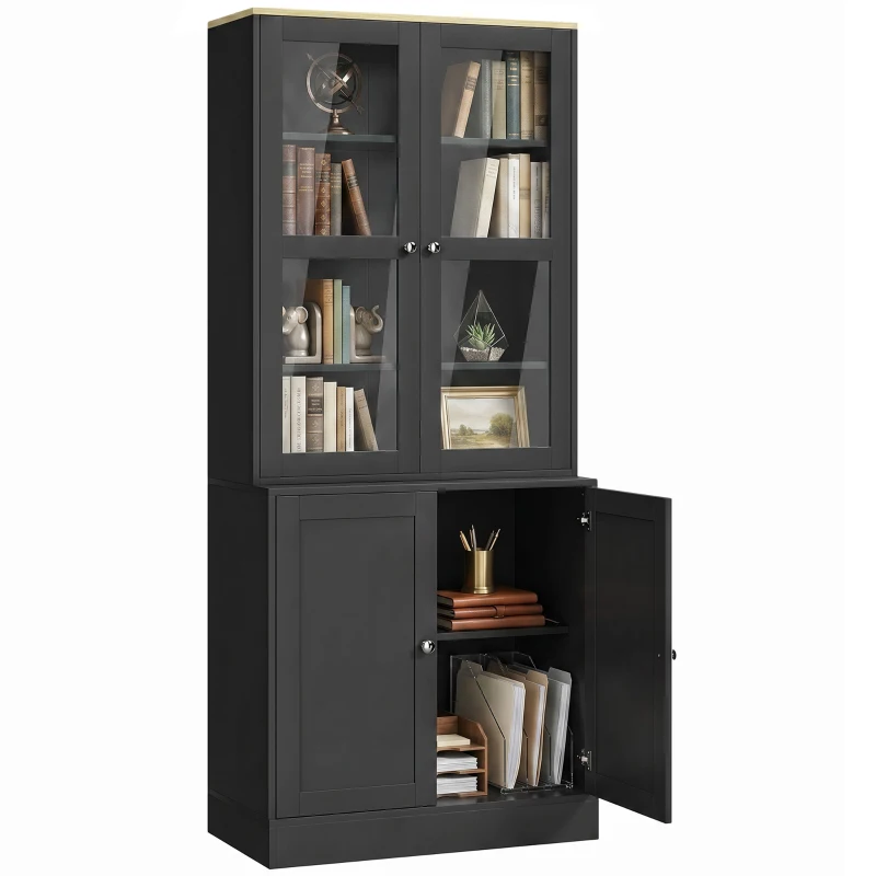 HOMCOM Modern Bookcase Display Storage Unit with Glass Doors Adjustable Shelves, Black