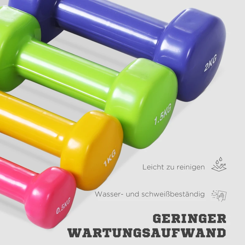 HOMCOM Dumbbell Set 4 Paren met Koffer 0,5 kg/1 kg/1,5 kg/2 kg IJzer+Kunststof Rood Geel Groen Paars