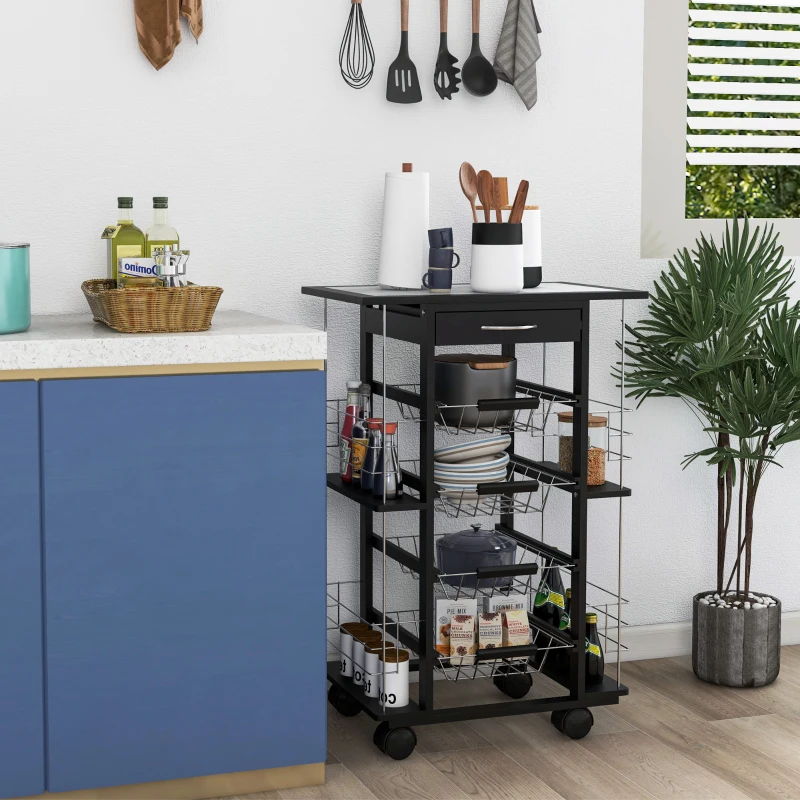 HOMCOM Carrello da Cucina con Cassetto, 4 Cesti di Frutta Estraibili e Piano in Ceramica, Carrello Cucina Salvaspazio con 4 Ripiani Laterali in Legno di Pino e Metallo, 57x37x83 cm, Nero