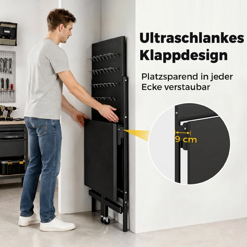 HOMCOM Werkbank mit Lochwand, Klappbare Mobile Werkbank mit Rollen, Dicke Arbeitsplatte, Stahlrahmen, Haken, Schwarz