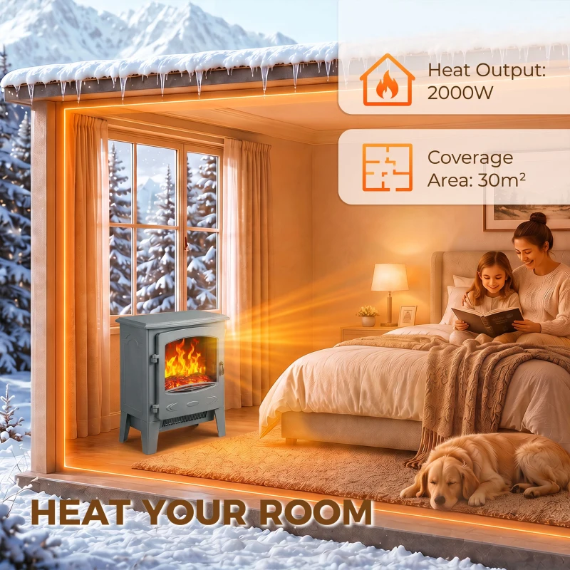 HOMCOM Electric Fireplace, Freestanding Electric Fire with Realistic Flame Effect, Log Burner, 1000W/ 2000W, Grey