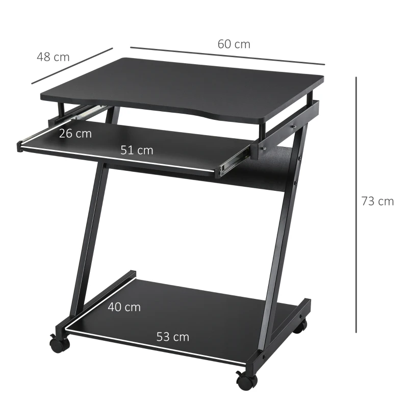 HOMCOM Secretária para Computador com Rodas 60x48 cm com Prateleira Deslizante para Teclado e Prateleira Inferior Estrutura Metálica Preto