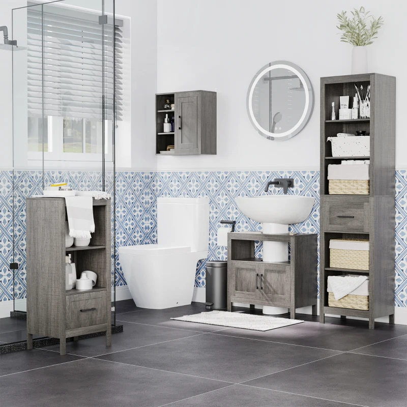 kleankin Colonna Bagno in Truciolato con 5 Ripiani Aperti e un Cassetto, 42x30x170 cm, Grigio