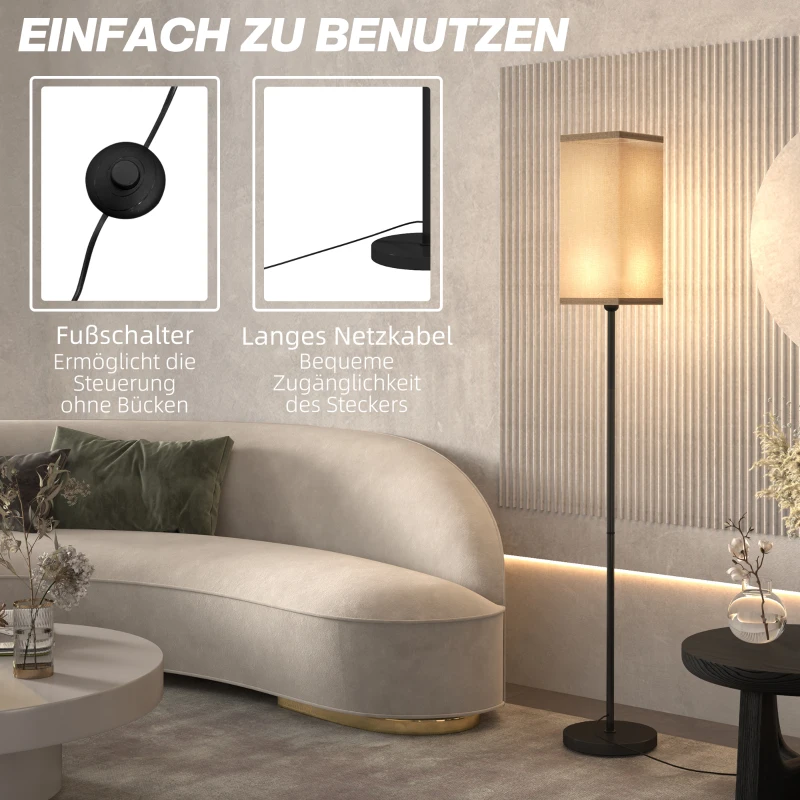 HOMCOM Moderne Staande Lamp met Kap van Kunstlinnen en Voetschakelaar, voor Woonkamer en Slaapkamer, Metaal, Zwart(m-7)