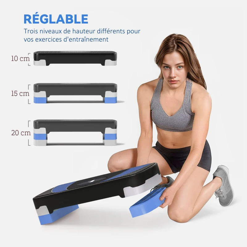 Stepper Fitness Aerobic - Aosom.fr x FFHandball - hauteur reglable surface antiderapante 80 x 31 x 20 cm noir bleu