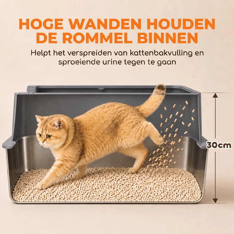 PawHut Conjunto de 2 Caixas de Areia XL em Aço Inoxidável com Bordo Alto e 2 Pás para Gatos Grandes e Vários Gatos, Cinzento Escuro